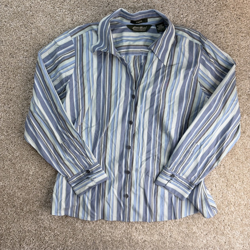 Eddie Bauer Shirt Womens Petite L Blue Striped Button Up Stretch Top Casual
